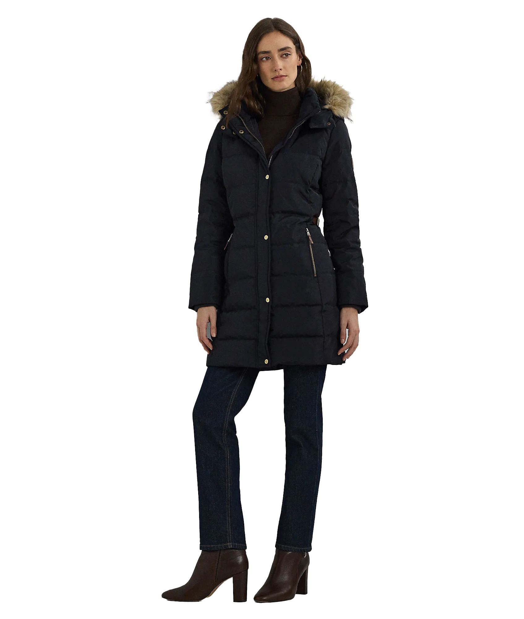 Faux-fur-trim Hooded Down Coat - Navy