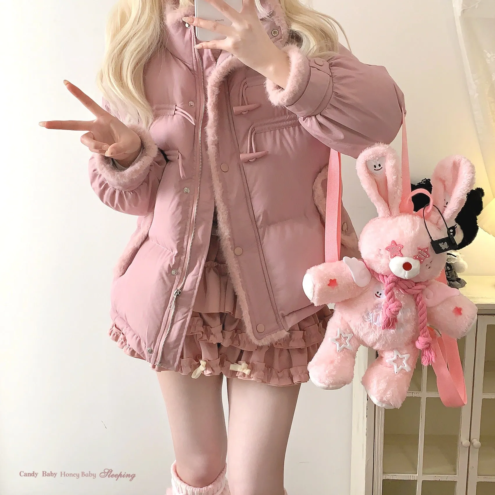 Girly Korean style pink cute plush cotton coat