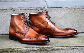 Hand Stitched Men's Lace Up Boots, Men Brown Brogues Designer Leather Boots