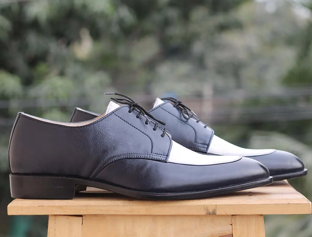 Handmade Men's Navy Blue White Leather Lace Up Shoes, Men Dress Formal Shoes