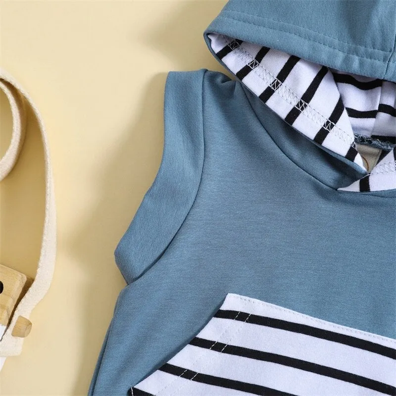 Hooded Sleeveless Stripe Pocket Short Set