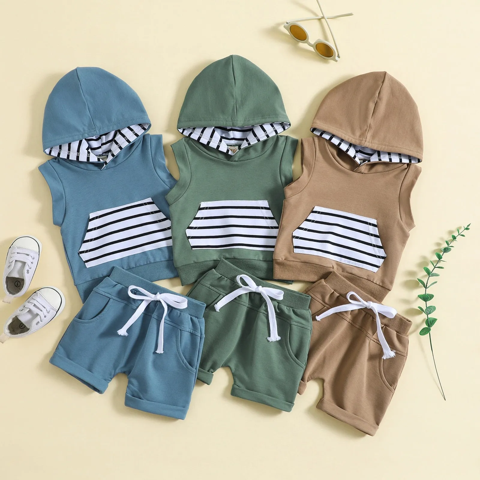 Hooded Sleeveless Stripe Pocket Short Set