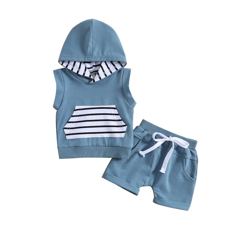 Hooded Sleeveless Stripe Pocket Short Set