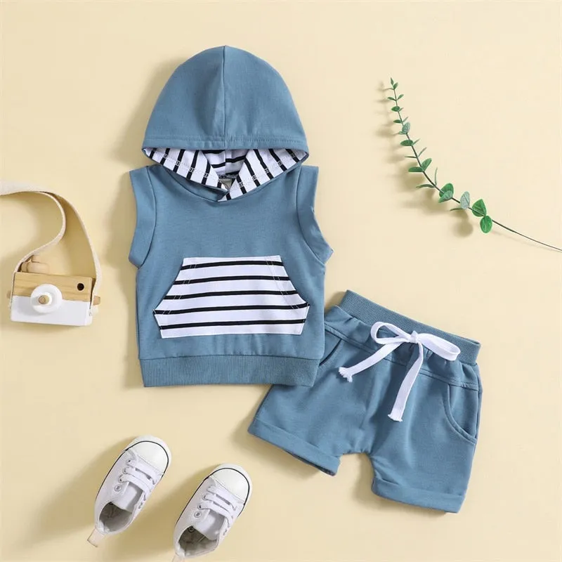 Hooded Sleeveless Stripe Pocket Short Set