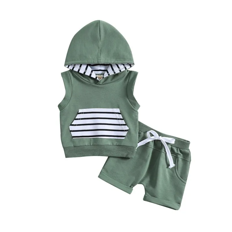 Hooded Sleeveless Stripe Pocket Short Set