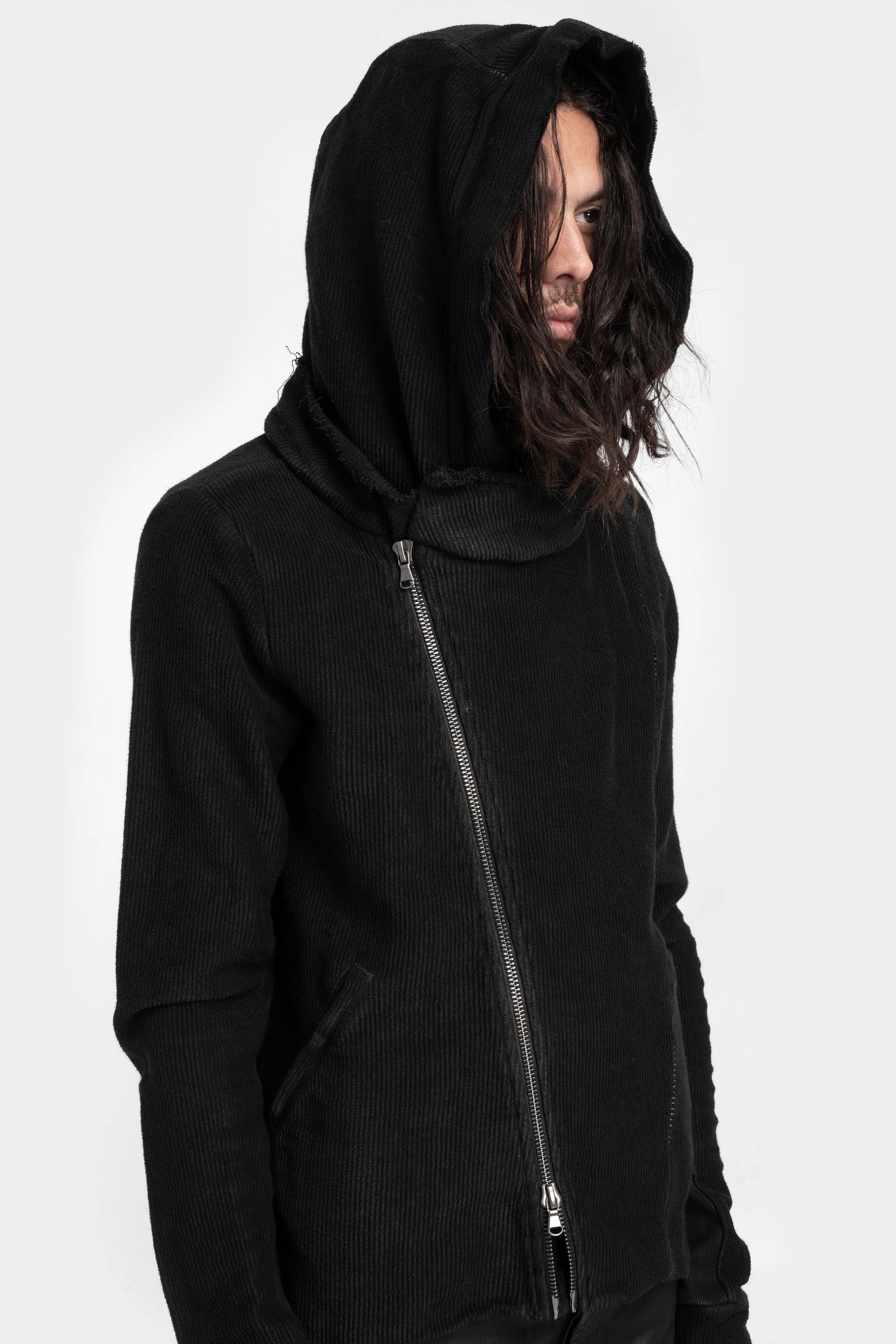 Leather effect ribbed cotton zip up hood sweater