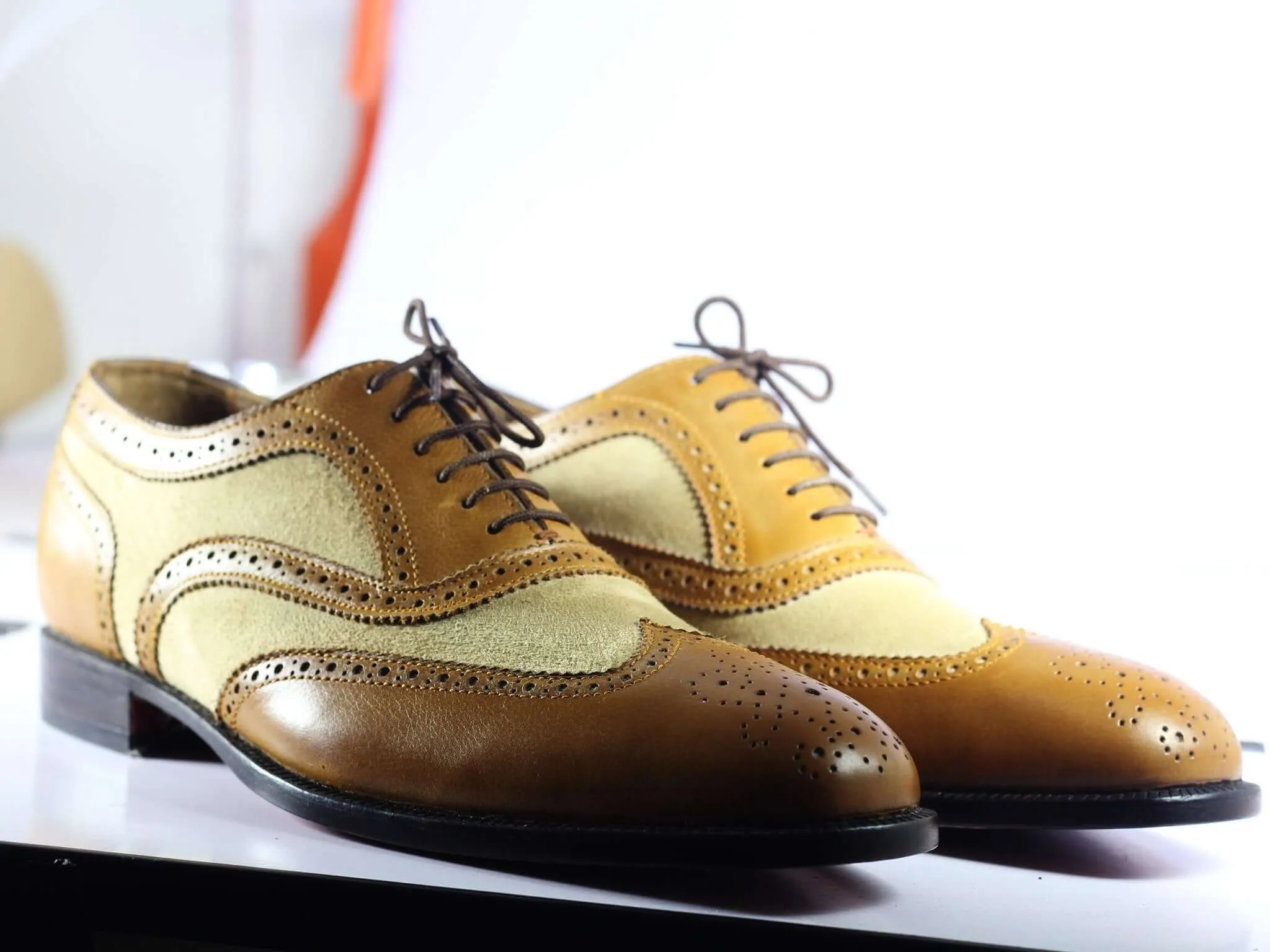 Men's Bespoke Tan Leather Beige Suede Shoes, Men Wing Tip Brogue Designer Shoes