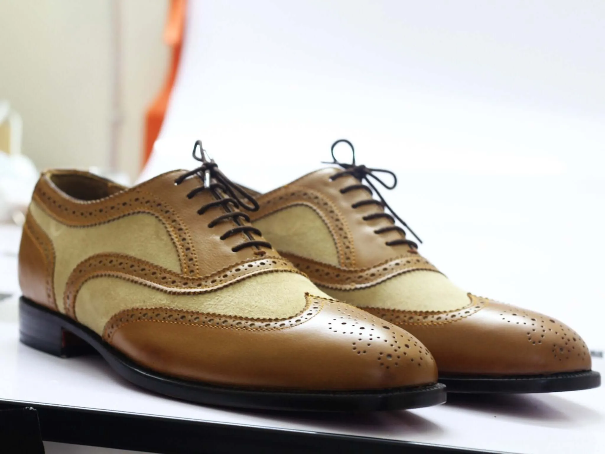 Men's Bespoke Tan Leather Beige Suede Shoes, Men Wing Tip Brogue Designer Shoes