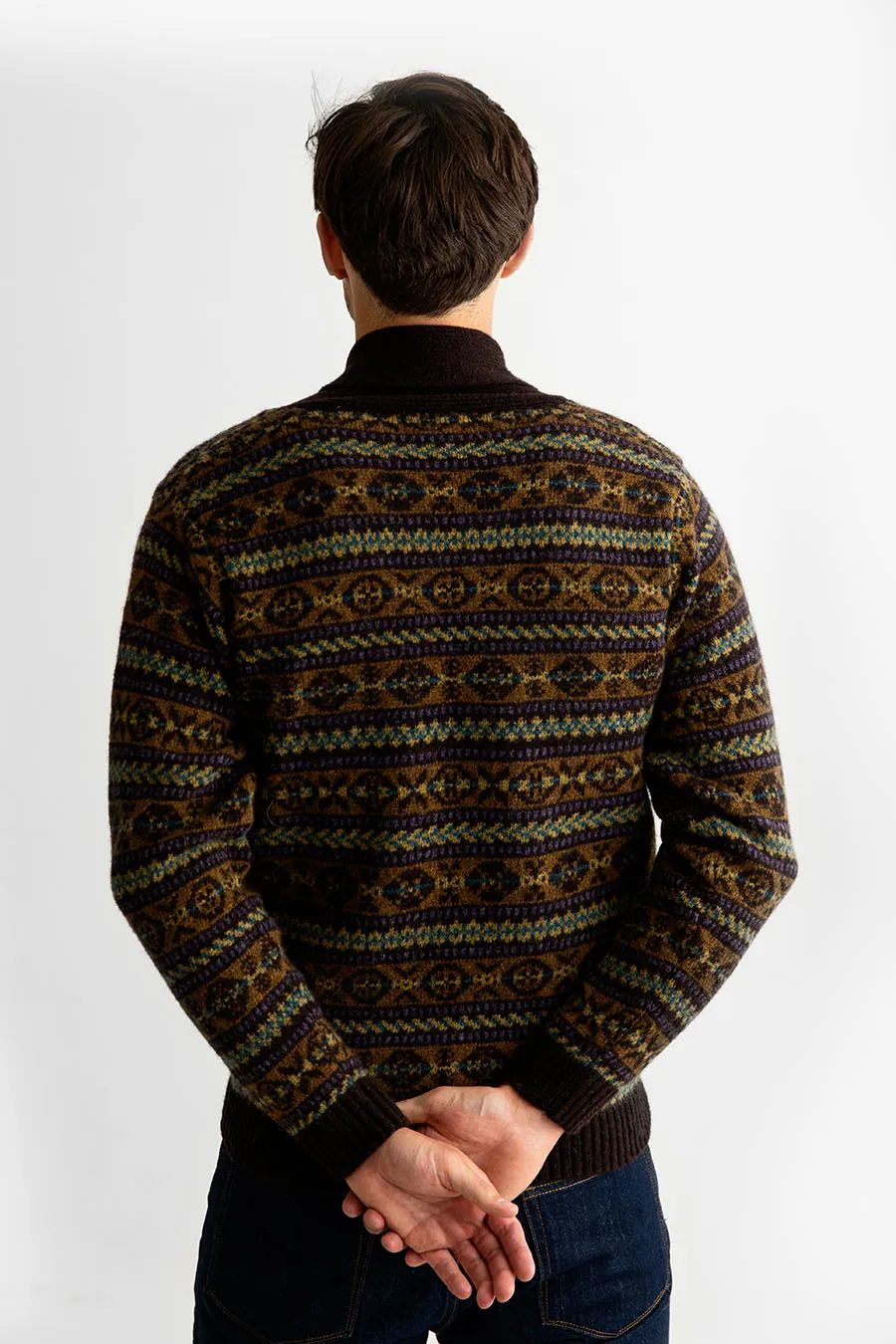 Mens Fair isle Lerwick Shawl Collar Jumper - Brown