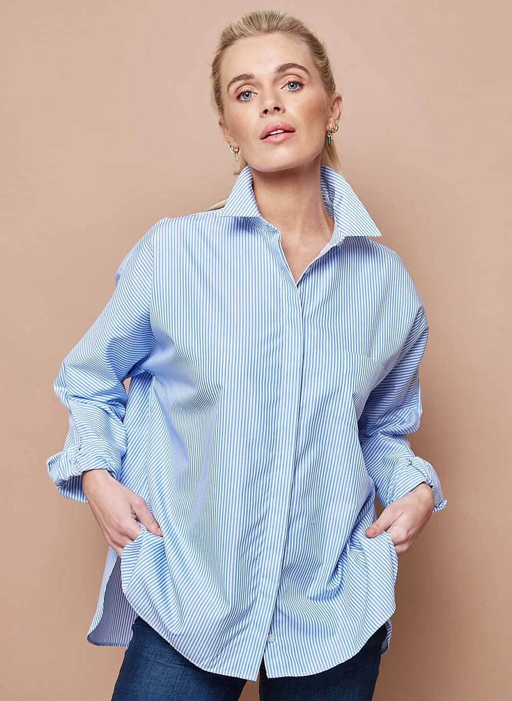 Oversized Cotton Shirt - Blue Stripe