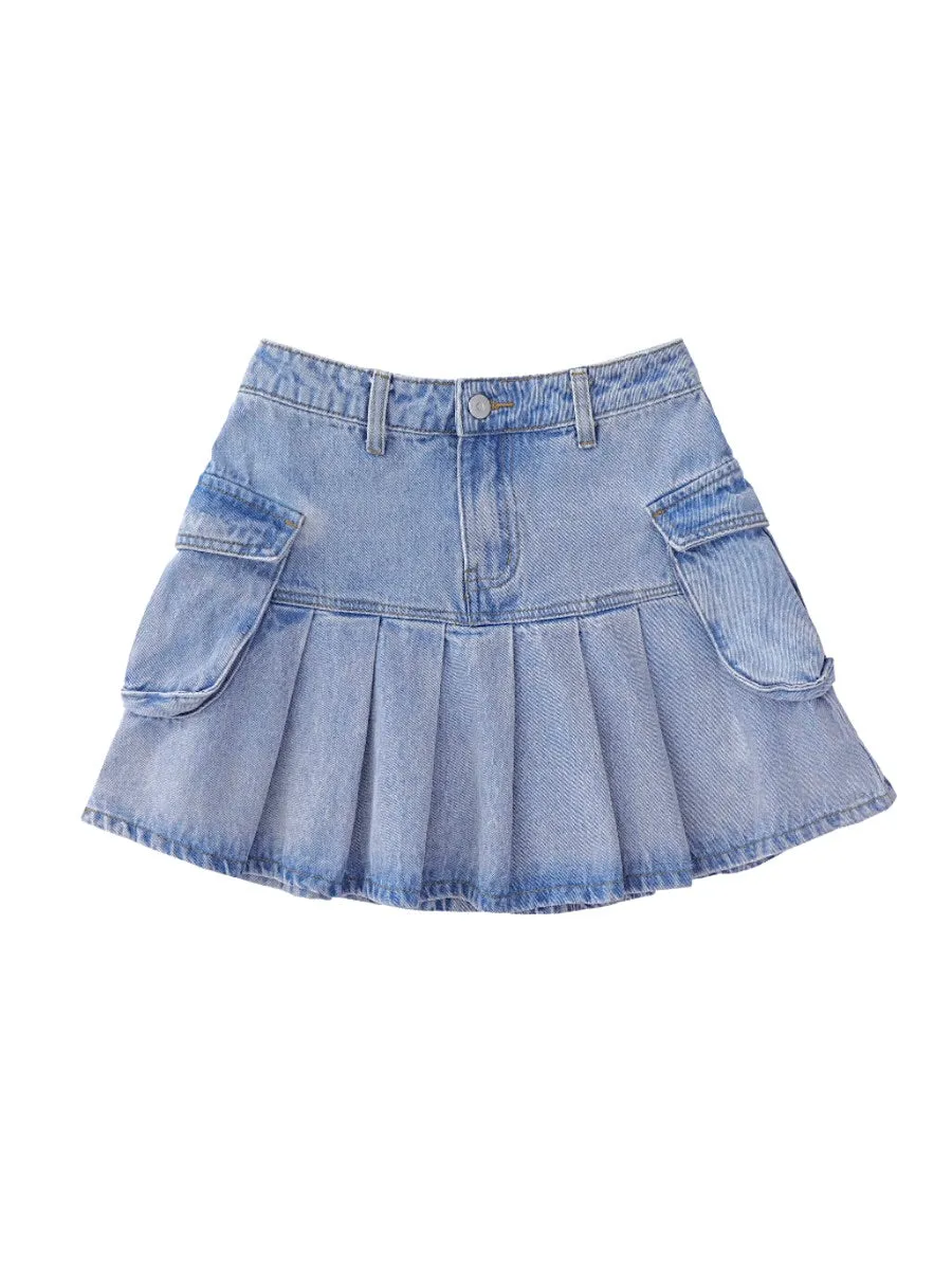 Retro Tooling Denim Pleated Skirts