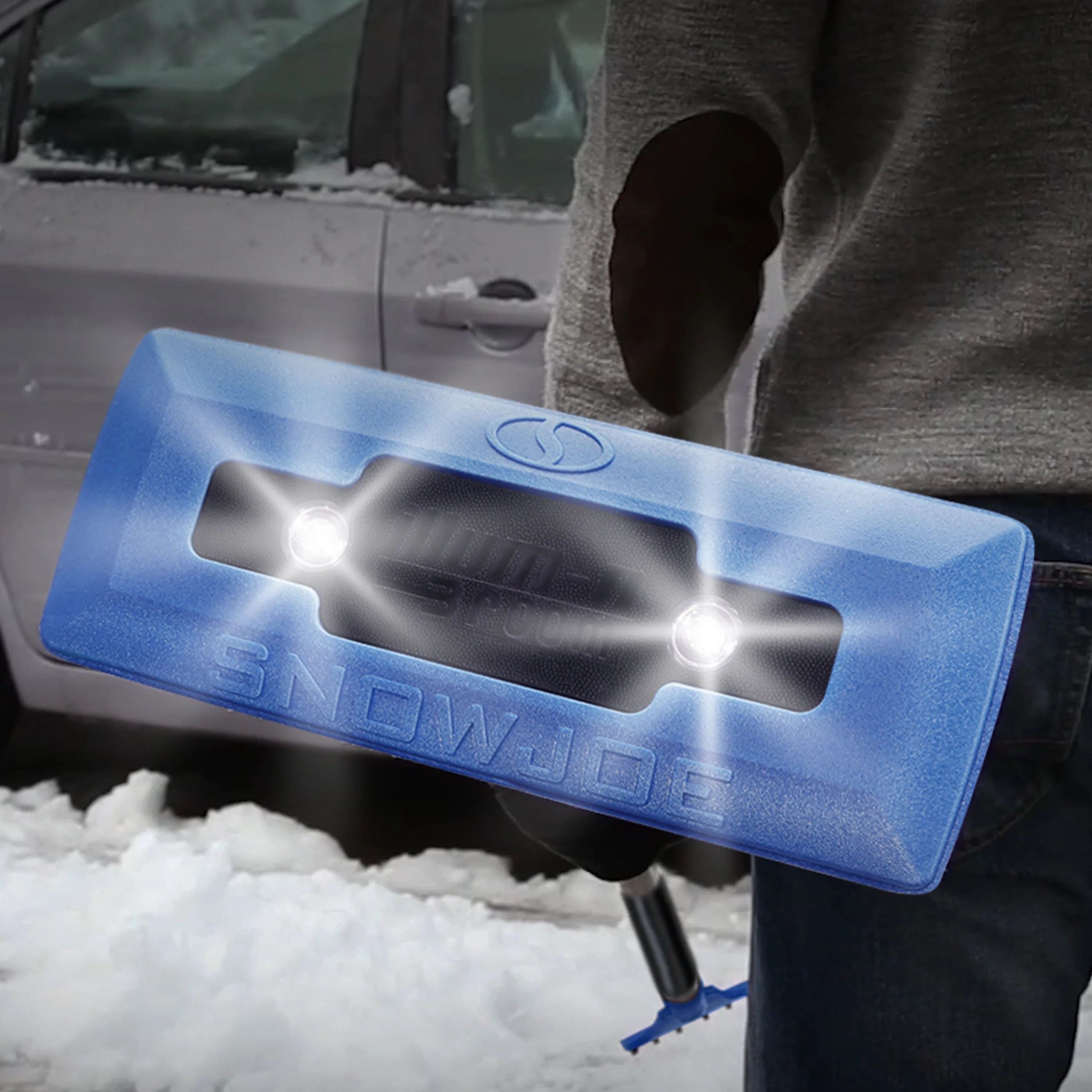 Snow Joe SJBLZD-LED 4-In-1 Telescoping Snow Broom   Ice Scraper | 18-Inch Foam Head | Headlights (Blue)