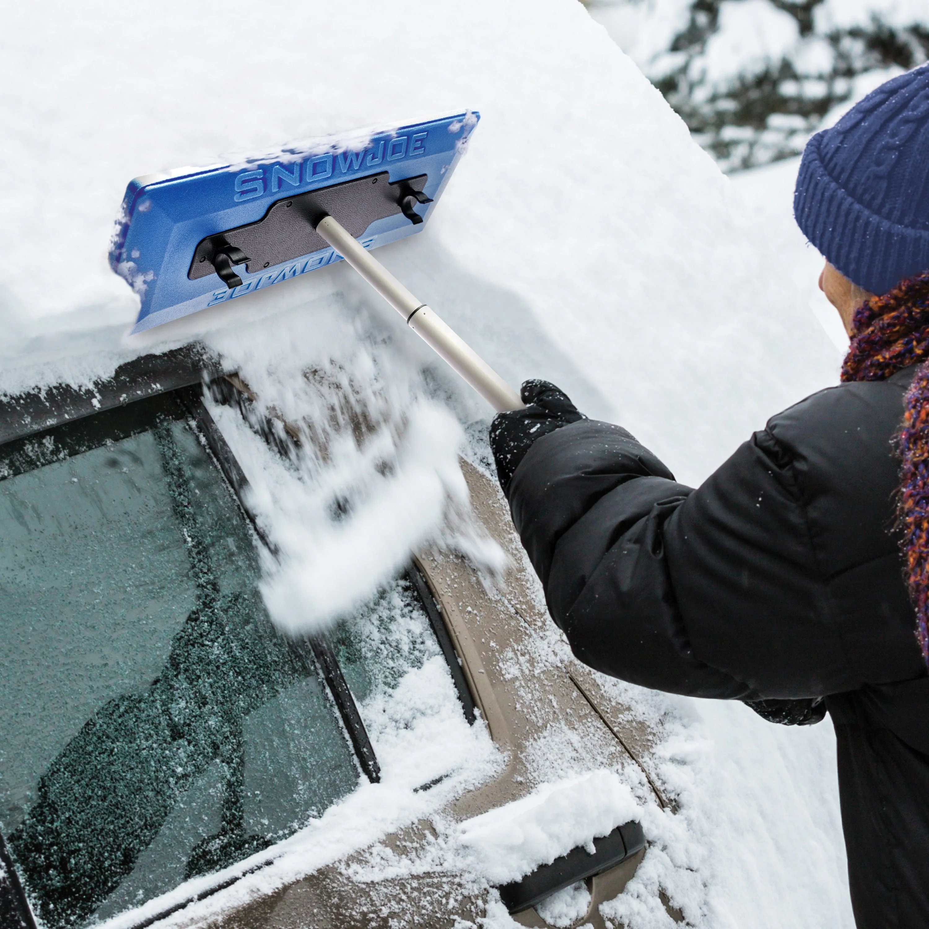 Snow Joe Telescoping Snow Broom   Brass Ice Scraper Bundle | 18-inch Foam Head