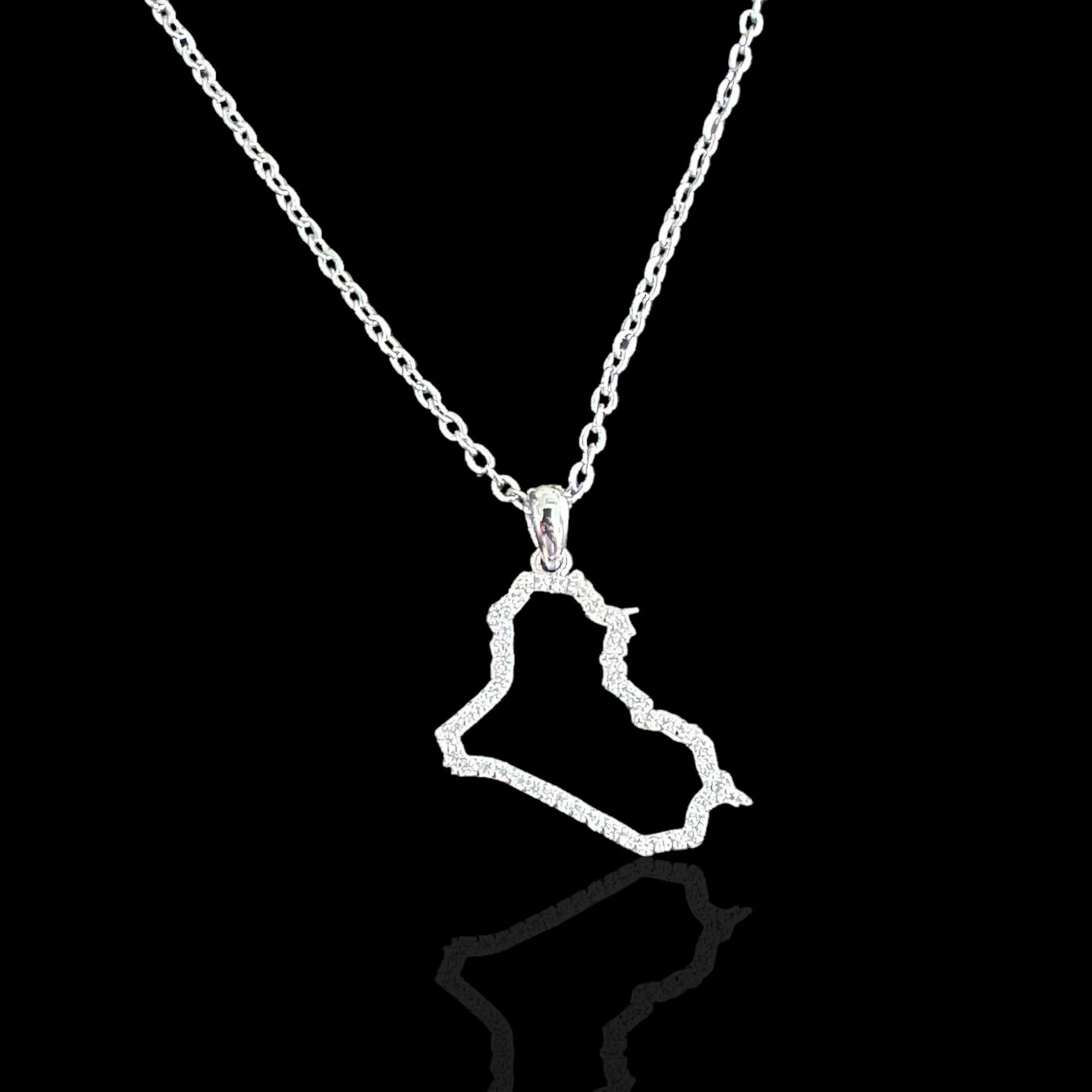 Sterling Silver Iraq Map CZ Outline Necklace - Available in 3 Colors