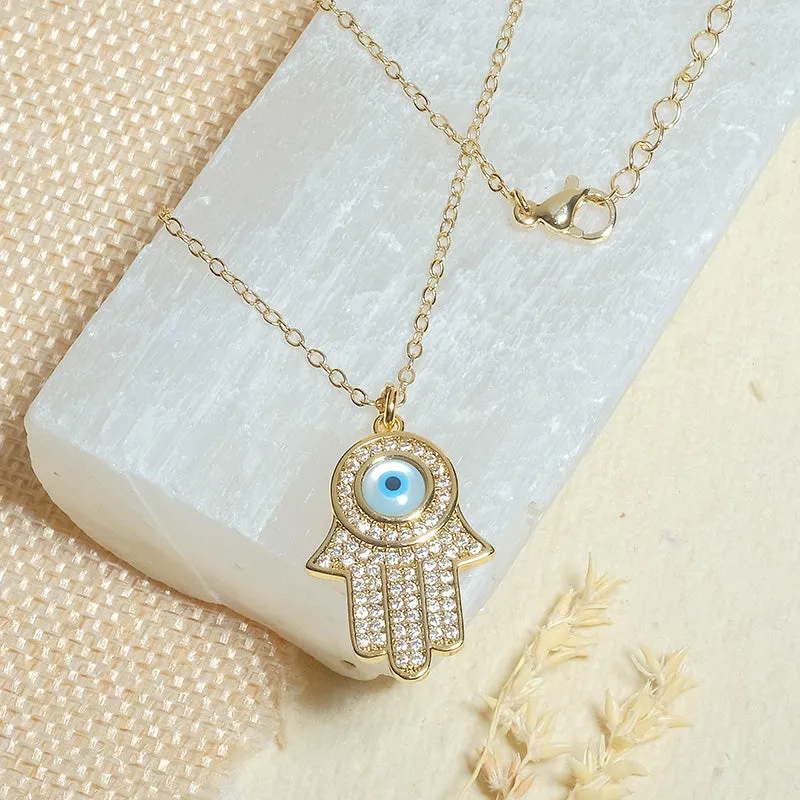 Studded Evil Eye Hamsa Necklace