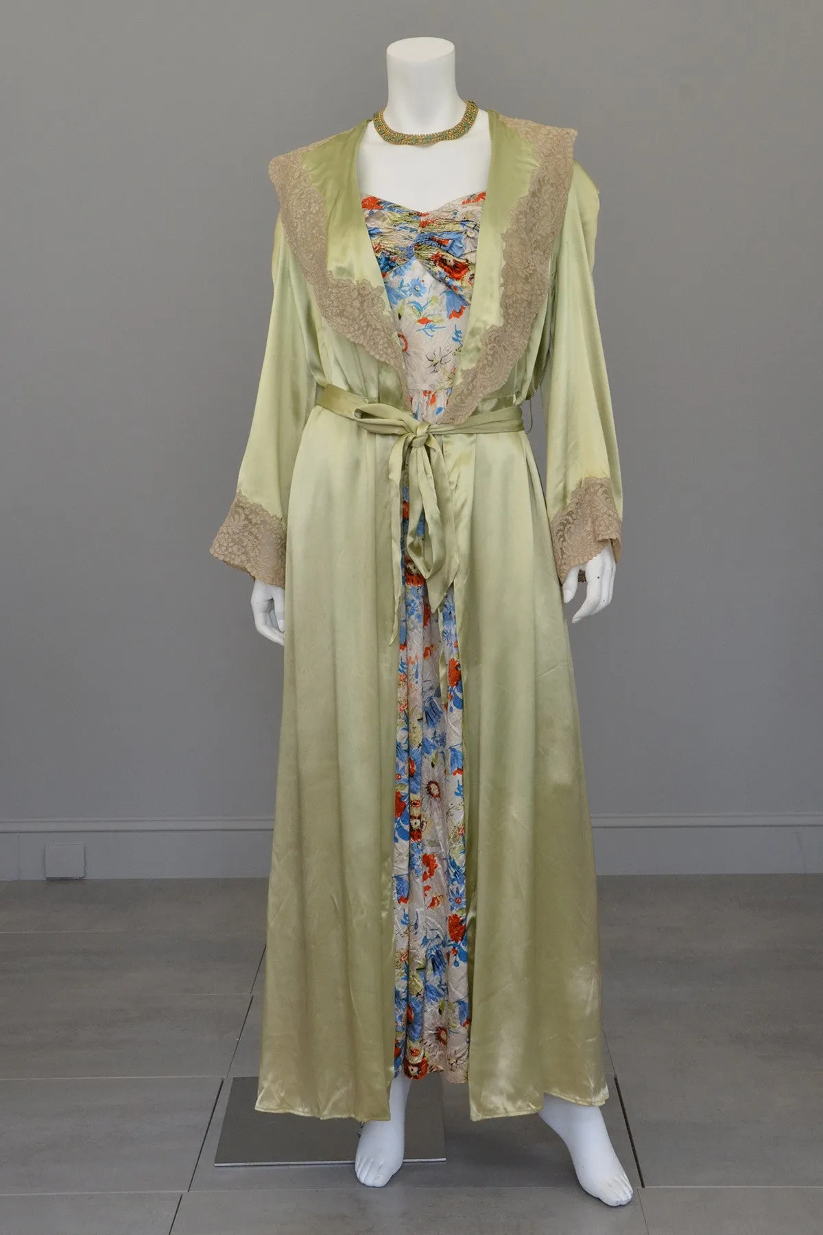 Vintage Avocado Green Satin and Lace Robe