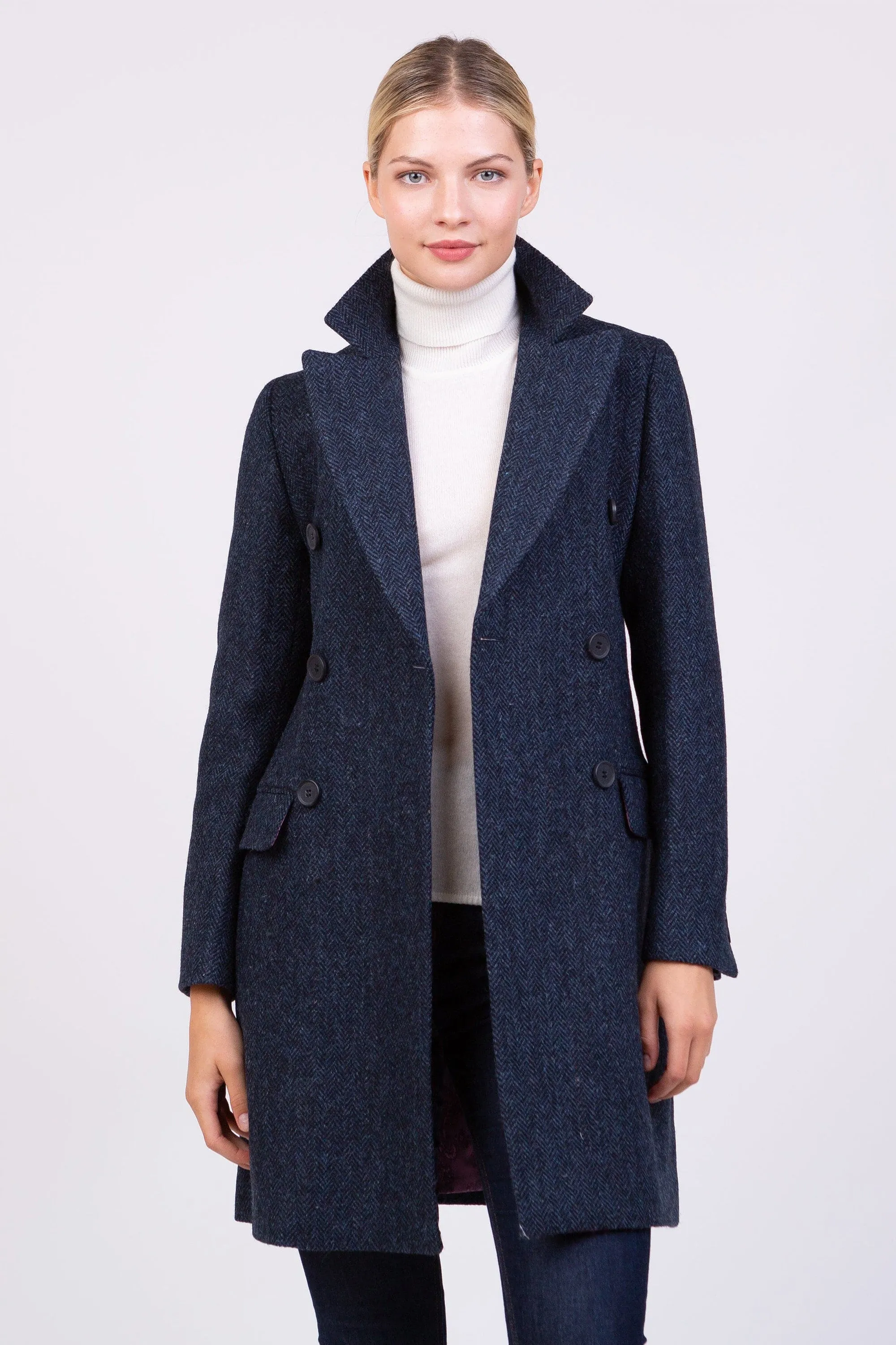 Women's Harris Tweed Melody Coat - Dark Navy Blue Herringbone