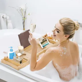 ZENY™ Bamboo Bathtub Caddy Tray with Soap Holder Extendable Bath Tray Holds Wine Glass, Phone, Ipad